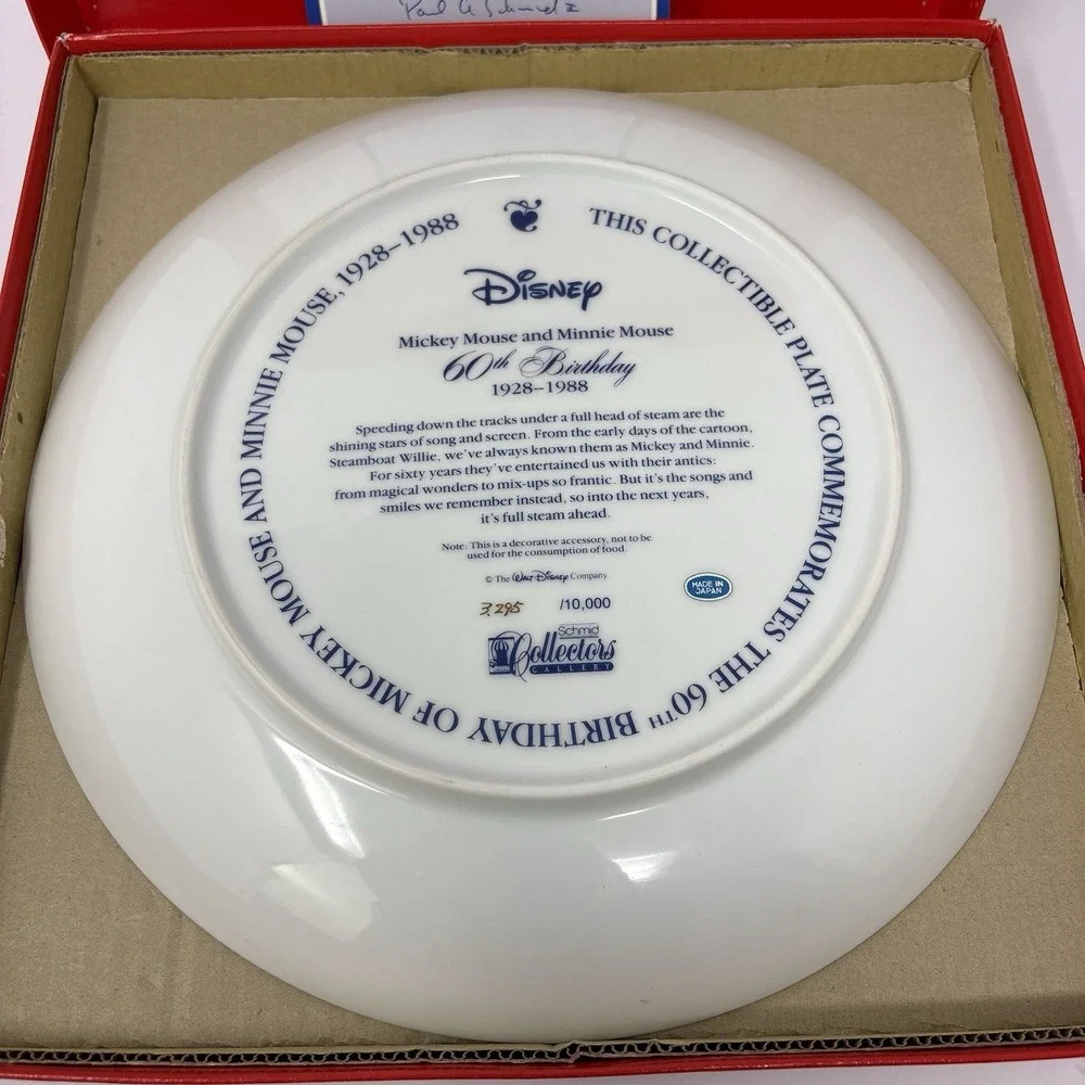 Disney Mickey Minnie Mouse 60th Birthday Plate Schmid 1988 COA Limited Edition